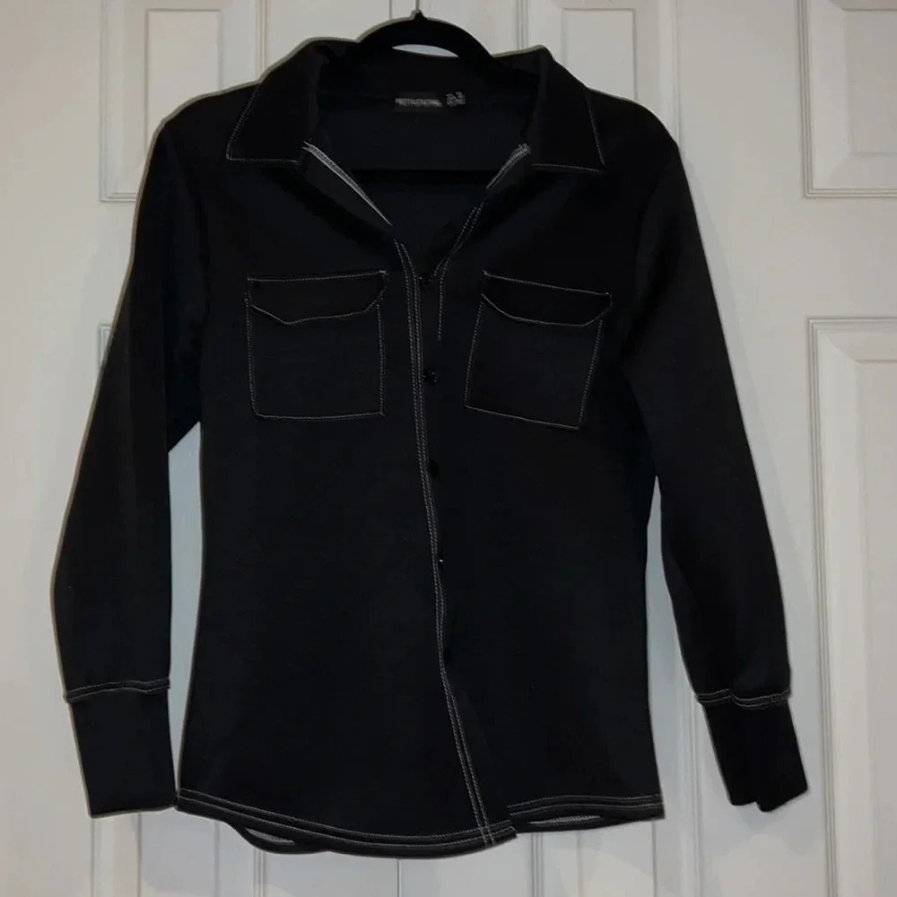 Pretty little thing black white lined button down long sleeve  shirt Sz 6